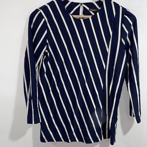 J McLaughlin shirt small striped navy ivory off white 3/4 sleeve